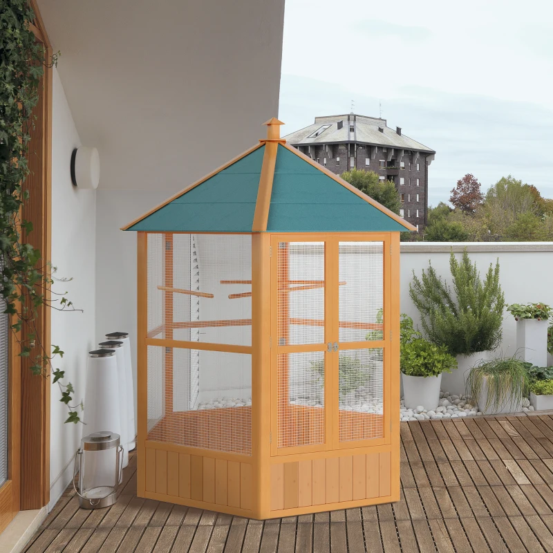 PawHut Large Wooden Bird Cage, Outdoor Aviary with Covered Roof, Spacious Flight Cage for Birds, Secure and Aesthetic