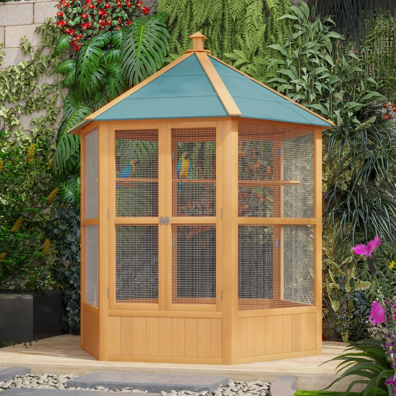 PawHut Large Wooden Bird Cage, Outdoor Aviary with Covered Roof, Spacious Flight Cage for Birds, Secure and Aesthetic