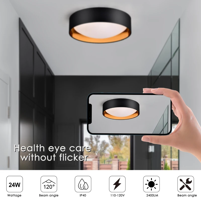 16.93" Flush Mount Ceiling Light with 5 CCT Selectable, 24W Dimmable LED Fixture, 2400 Lumen, Ideal for Bedroom, Kitchen, and Bathroom, Black