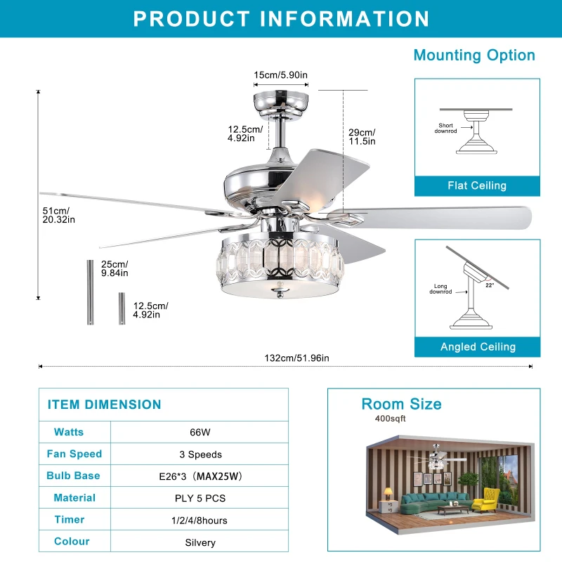 52" Ceiling Fan with 3-Light Fixture and Remote, Quiet Motor, Reversible Blades for Year-Round Comfort, Chrome
