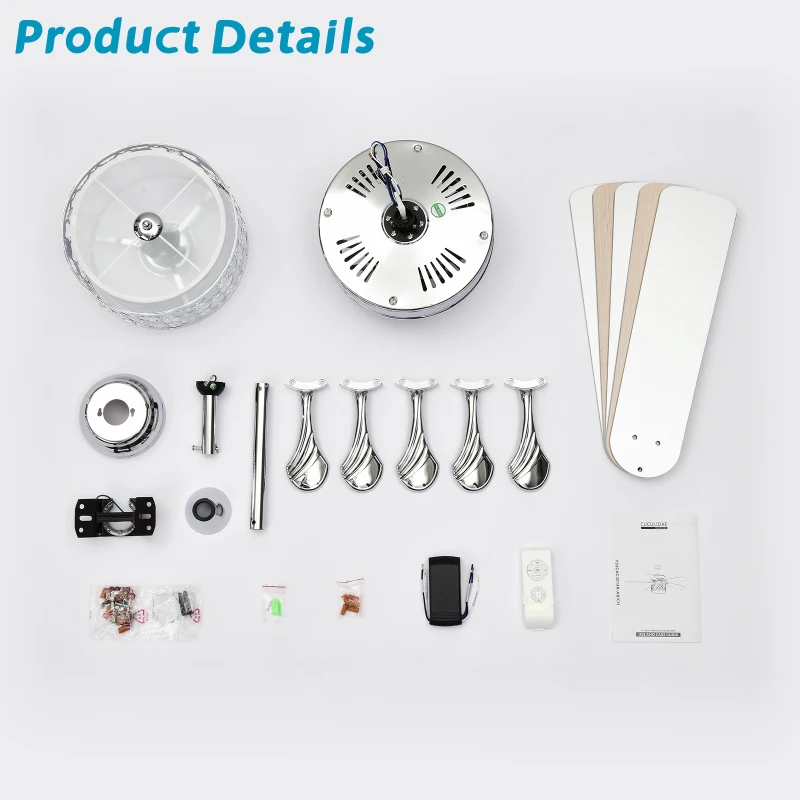 52" Elegant Ceiling Fan Light with Remote, Crystal Chandelier Fan with 5 Reversible Wood Blades, Silent Motor, and Adjustable Wind Speed for Dining Room, Bedroom, Living Room, Chrome