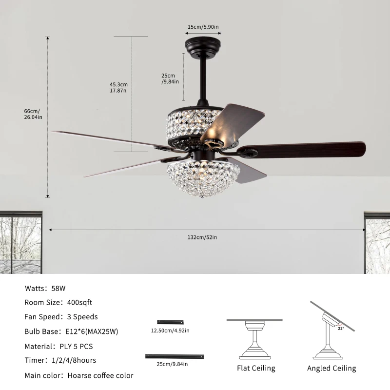 52" Dual Crystal Shade Ceiling Fan with 5 Wood Blades, 6-light, Remote Control, Reversible Airflow, Multi-Speed, Adjustable Height, Matt Black