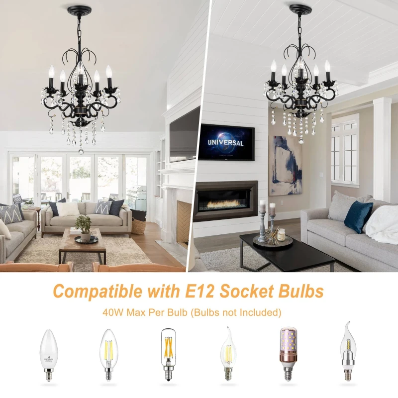 18.1" Classic Vintage Crystal Candle Chandelier, 5-Light Pendant Ceiling Fixture, Adjustable Chain, E12 Bulb Compatible, Chandelier Beads, for Living Room, Matte Black