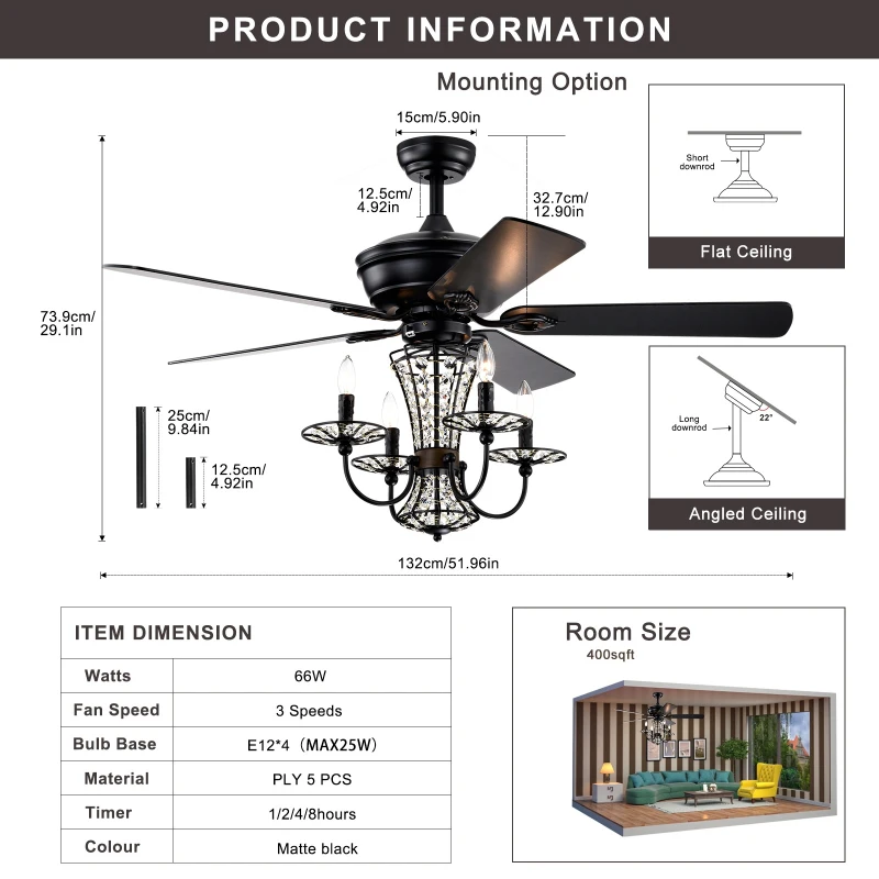 52" Crystal Chandelier Ceiling Fan with Lights and Remote, Modern Dual Finish Reversible Blades, Quiet Reversible Motor, Dual Mount Compatible, Matte Black