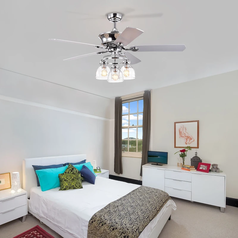 52-Inch Farmhouse Ceiling Fan with Light Kit and Remote, 5-Blade Reversible Motor, Dual Finish Blades, and Adjustable Mount, Chrome