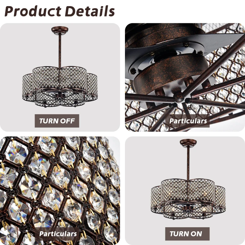 30-Inch Rustic Brown and Crystal Flower Lighted Ceiling Fan with Remote Control, 6 Wind Speeds, Reversible Motor, and Silent Operation for Bedroom, Dining Room, Living Room, Kitchen, Farmhouse, Rustic Brown