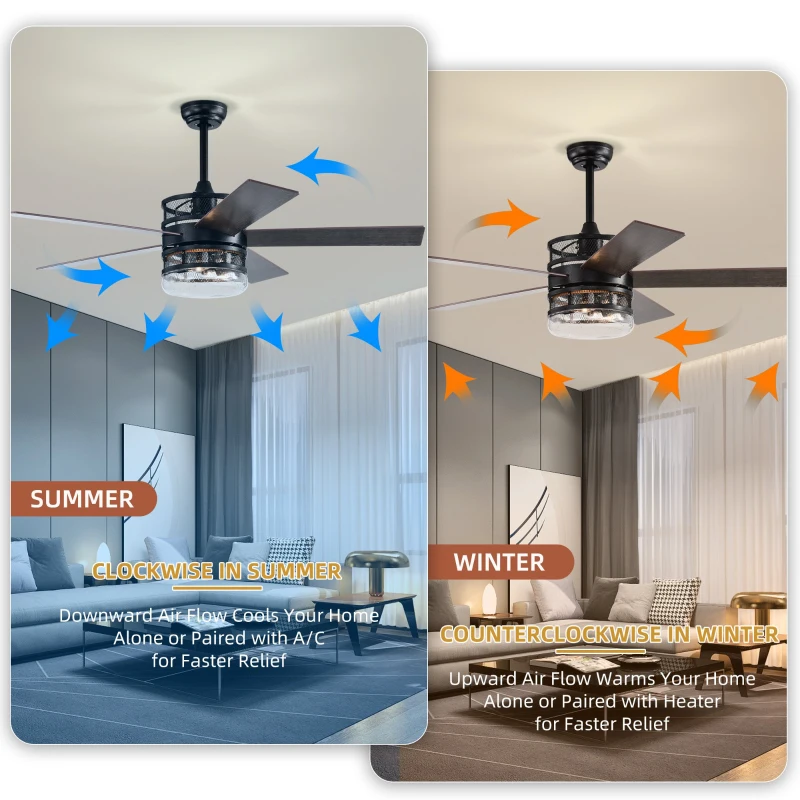 52-Inch 5-Blade Lighted Ceiling Fan with Remote Control, Glass Shade, Dual Color Blades, Forward and Reverse Function, Quiet Motor, Matte Black