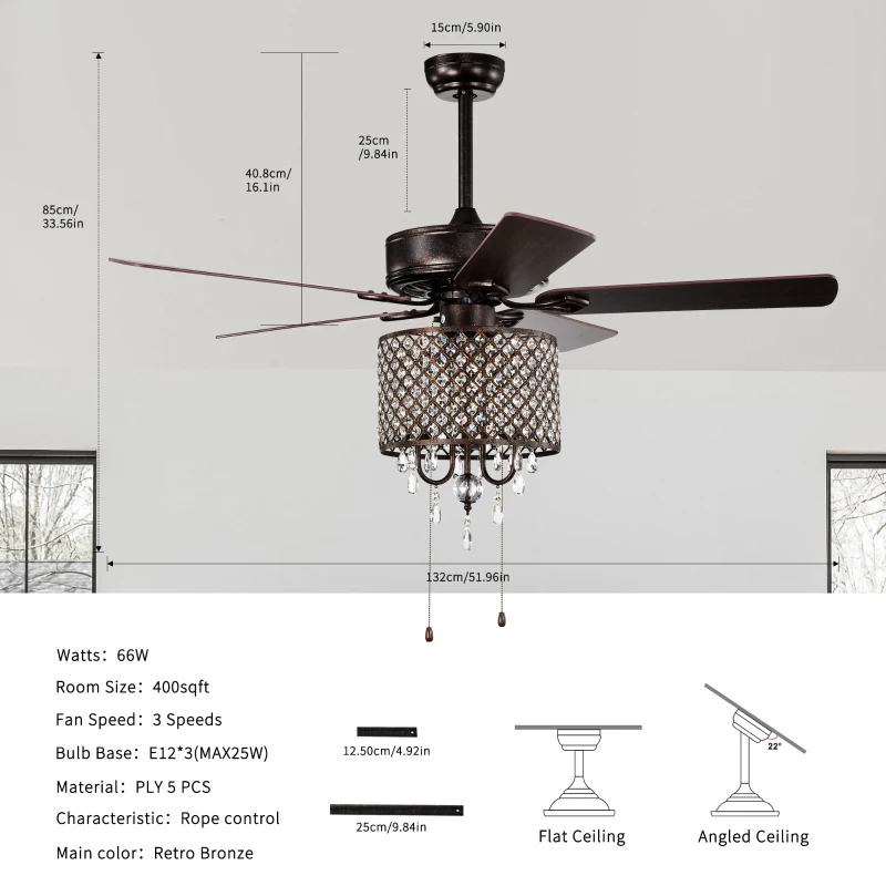 52'' Classical Crystal Ceiling Fan Lamp with 3-Speed, 5 Reversible Blades, Dual Mount Compatible, Quiet Reversible Motor, Flush Mount Ceiling Fan, Rustic Brown