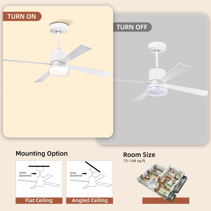 48" Fandelier Ceiling Fan with Lights and Remote, Low Profile Flush Mount, 3000K-6500K Dimmable LED, 6 Speed Settings, Dual Finish Blades, Matte White
