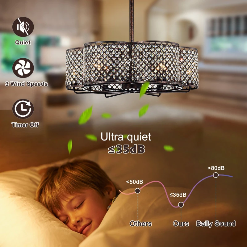 30-Inch Rustic Brown and Crystal Flower Lighted Ceiling Fan with Remote Control, 6 Wind Speeds, Reversible Motor, and Silent Operation for Bedroom, Dining Room, Living Room, Kitchen, Farmhouse, Rustic Brown