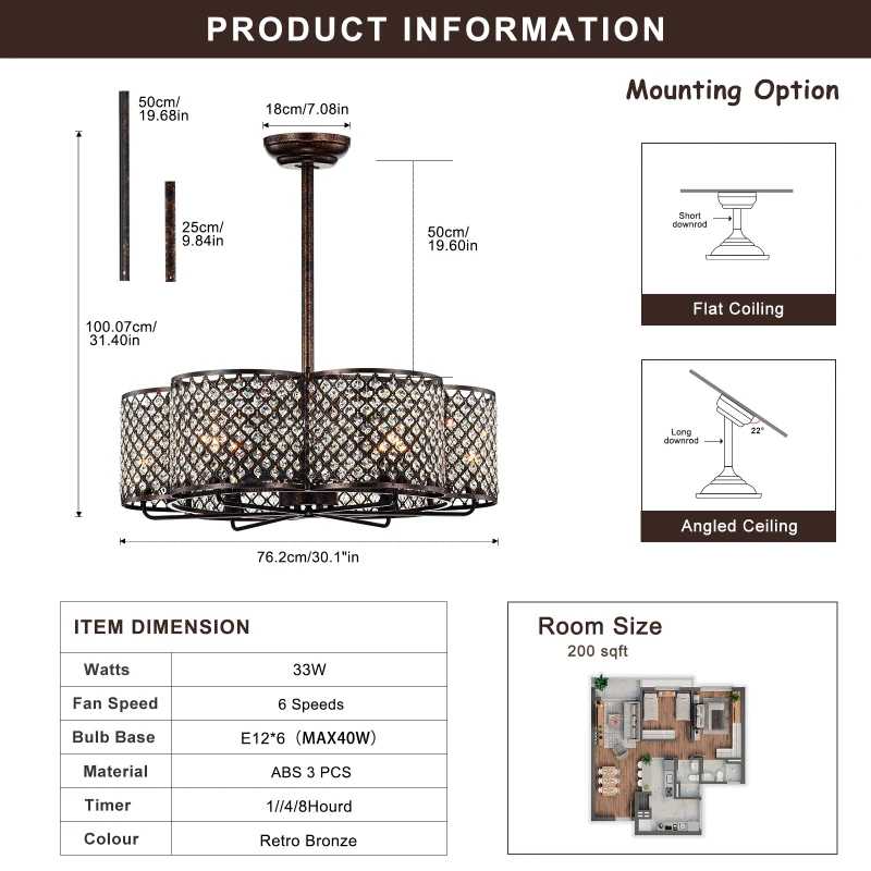 30-Inch Rustic Brown and Crystal Flower Lighted Ceiling Fan with Remote Control, 6 Wind Speeds, Reversible Motor, and Silent Operation for Bedroom, Dining Room, Living Room, Kitchen, Farmhouse, Rustic Brown
