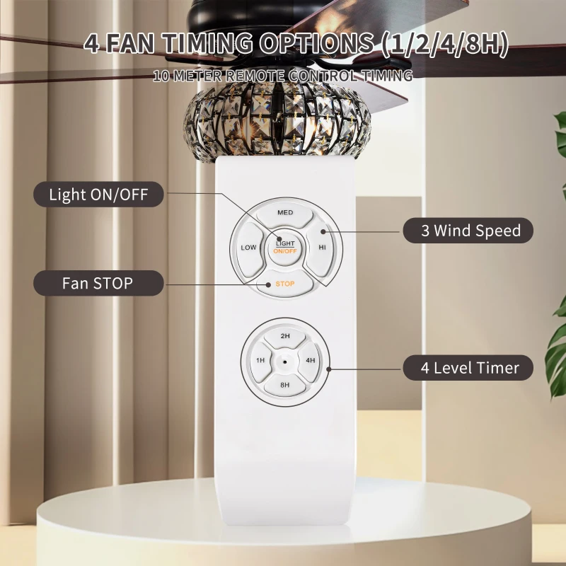 52'' Crystal Shade Ceiling Fan Lamp with Remote Control, 3 Speed, 5 Reversible Blades, Dual Mount Compatible, for Living Room, Dining Room, Bedroom, Matte Black