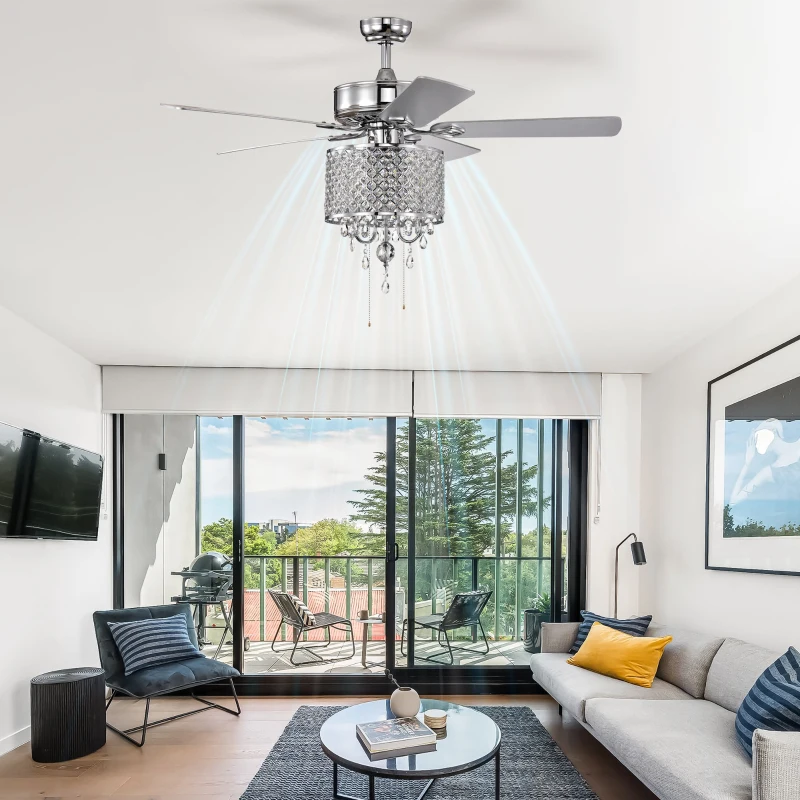 52'' Classical Crystal Ceiling Fan Lamp with 3-Speed Hand Pull Chain, 5 Reversible Blades, Dual Mount Compatible, Quiet Reversible Motor, Chrome