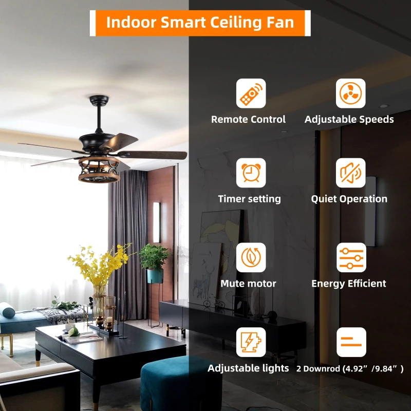 52 Inch Farmhouse Ceiling Fan with Lights and Remote, 3-Speed Reversible Motor, Caged Light Fixture, Intelligent Timing, Quiet Operation, Matt Black