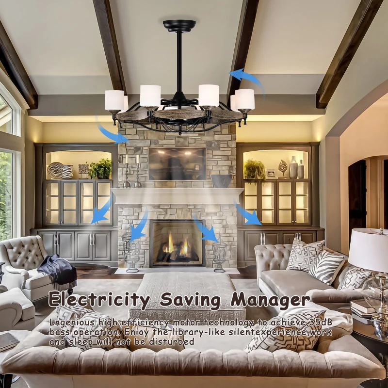 33" Chandelier Ceiling Fan with Remote, 6 Wind Speeds, Reversible Motor, and Silent Operation for Bedroom, Dining Room, Living Room, Kitchen, Farmhouse, Wood
