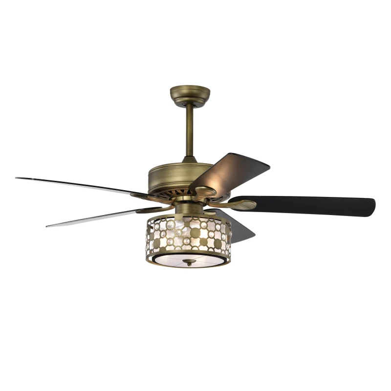 52" Antique Bronze Metal Ceiling Fan with 3 Lights, Crystal Chandelier, 5 Wood Blades, Remote Control, Reversible Airflow, Adjustable Height, Antique Brass