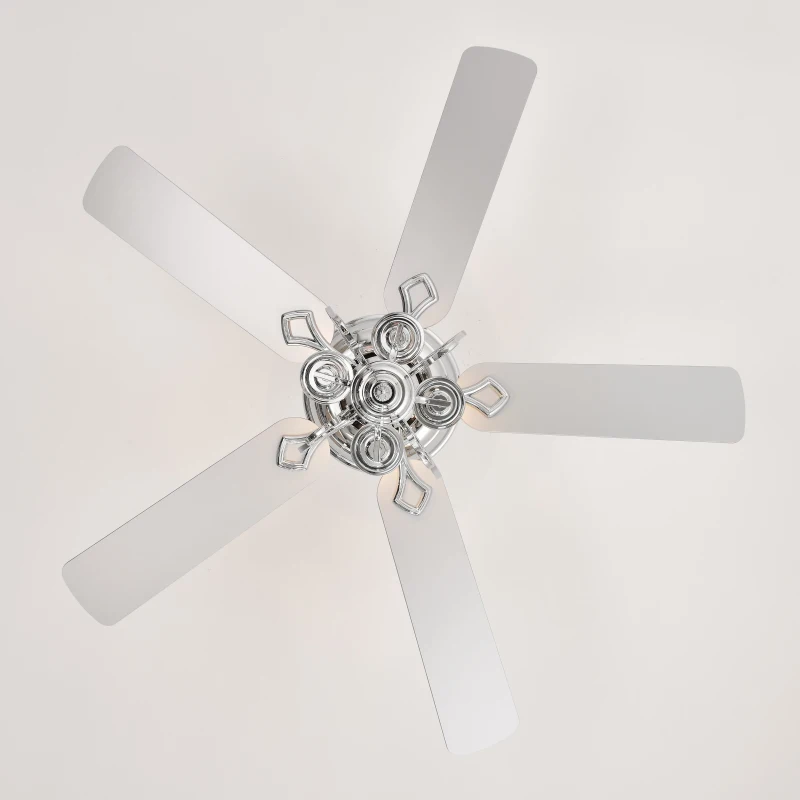 52" Ceiling Fan with 4 Lights and 5 Wood Blades, AC Motor, Remote Control, Reversible Airflow, 3-Speed, Adjustable Height, Traditional Design, Silver