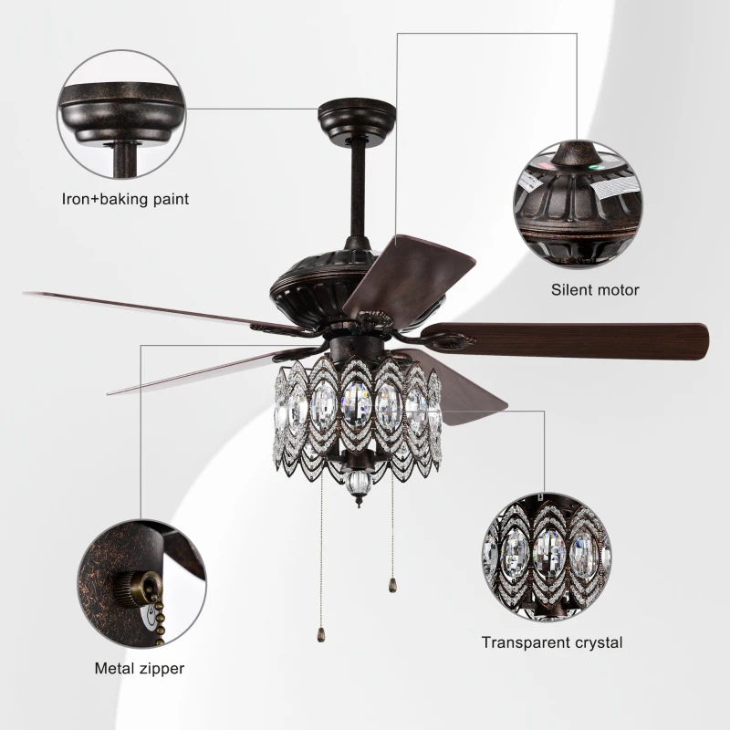 52'' Classical Crystal Ceiling Fan Lamp with 3-Speed, Chandelier Ceiling Fan with 5 Reversible Blades, Dual Mount Compatible, Quiet Reversible Motor, Rustic Brown