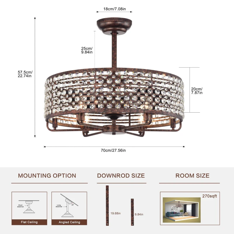 26.8" Crystal Chandelier Ceiling Fan with Remote Control, 3 ABS Blades, 4-Light Fixture, Metal Cage, and Reversible Motor, Rustic Brown