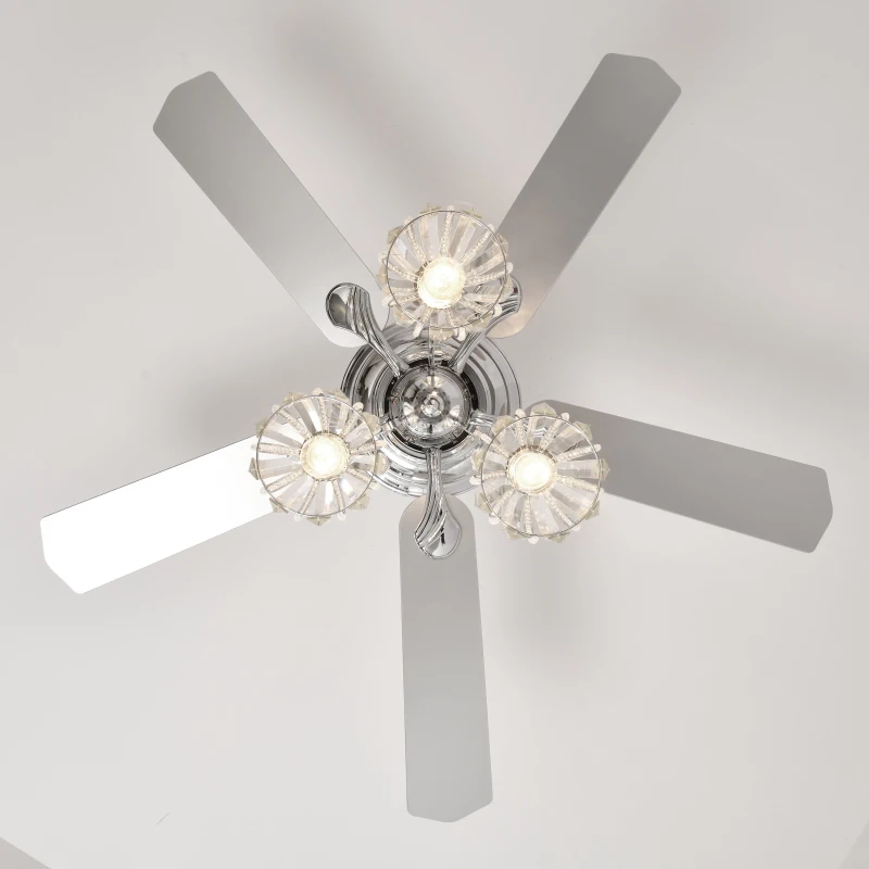 52'' Crystal Ceiling Fan Lamp with with 3-Light Crystal Chandelier, Remote Control, 3 Speed, 5 Reversible Blades, Dual Mount Compatible, for Living Room, Chrome
