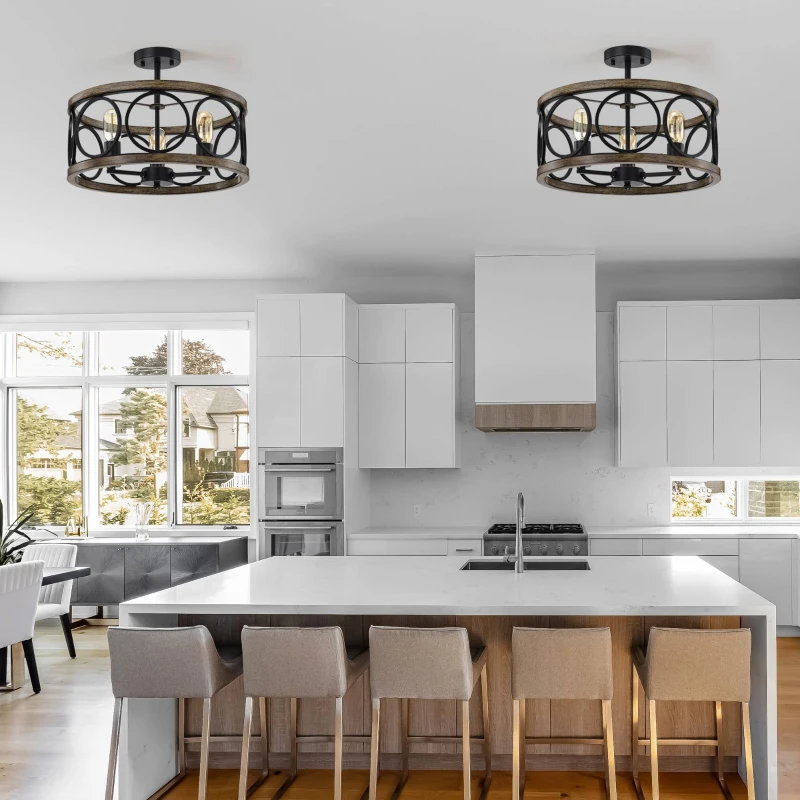 Matte Black Flush Mount Ceiling Light Fixture, 3-Light 17.72" Drum Chandelier, Farmhouse Modern Pendant Light for Kitchen, Matte Black