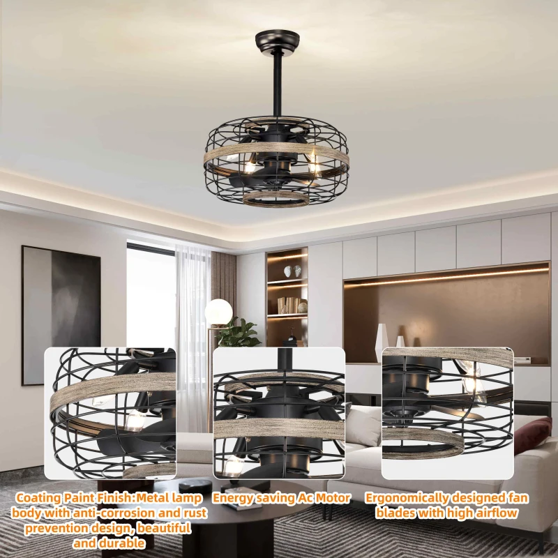 18" Farmhouse Ceiling Fan with Light, Caged Design, Remote Control, 3-Speed Adjustable, Reversible Motor, Downrod Mount, E12 Base, Matte Black