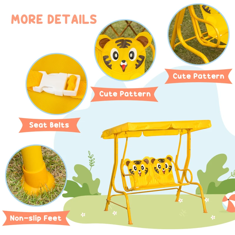 Outsunny 2-Seat Kids Porch Swing Chair, Children Outdoor Patio Furniture Lounge Chair for Garden, with Adjustable Canopy, Seat Belt, Tiger Pattern, for 3-6 Years Old, Yellow