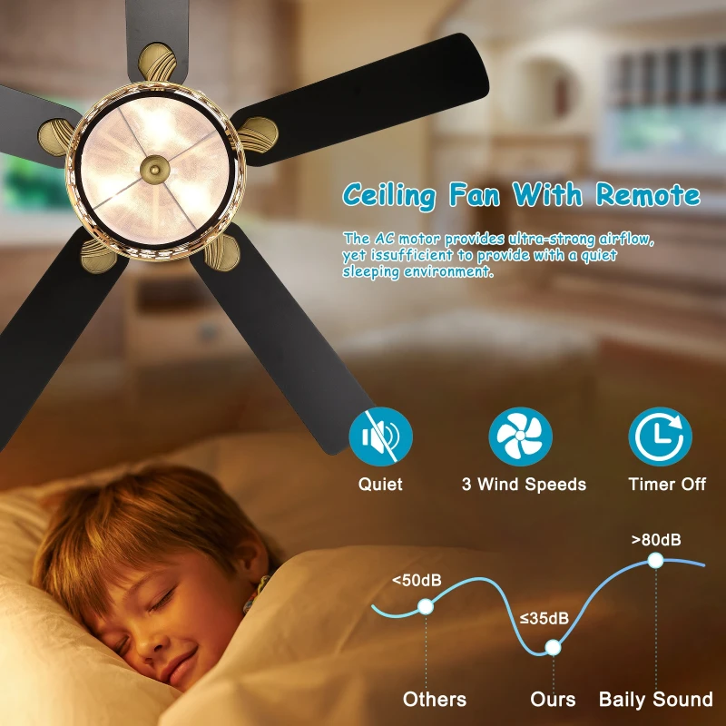 52" Antique Bronze Metal Ceiling Fan with 3 Lights, Crystal Chandelier, 5 Wood Blades, Remote Control, Reversible Airflow, Adjustable Height, Antique Brass