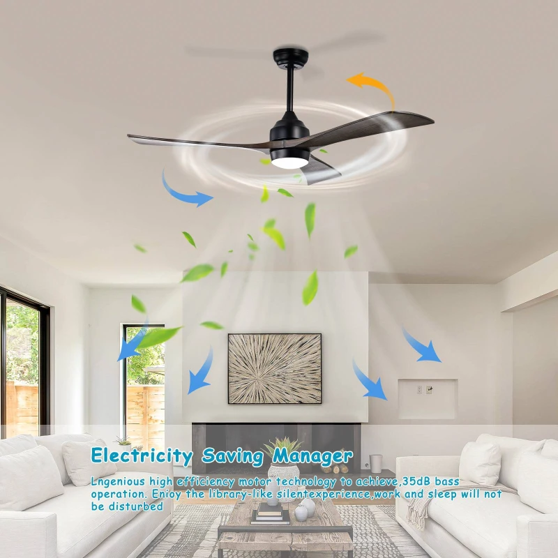 52" Ceiling Fan with Lights and Remote Control, Quiet DC Motor, 3 Blades, 6 Speed Levels, Reversible, for Indoor Patio, Living Room, Bedroom, Office, Matte Black