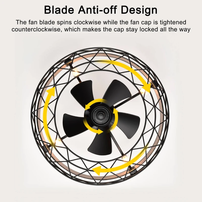 20.5" Caged Ceiling Fan with 5 ABS Blades, Remote Control, Timer, 3 Speeds, Reversible and Quiet for Farmhouse, Bedroom, Living Room, Matte Black