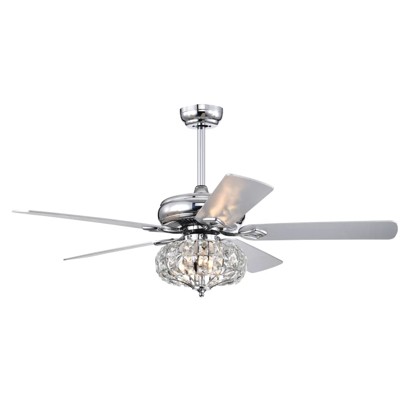 52'' Crystal Shade Ceiling Fan Lamp with Remote Control, 3 Speed, 5 Reversible Blades, Dual Mount Compatible, for Living Room, Dining Room, Bedroom, Chrome