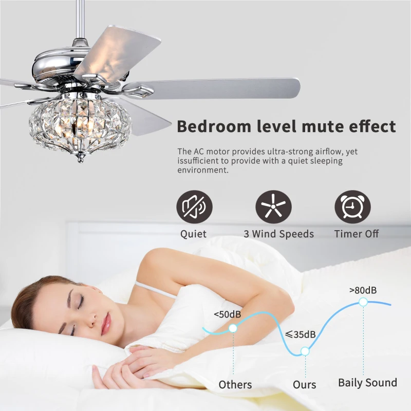 52'' Crystal Shade Ceiling Fan Lamp with Remote Control, 3 Speed, 5 Reversible Blades, Dual Mount Compatible, for Living Room, Dining Room, Bedroom, Chrome
