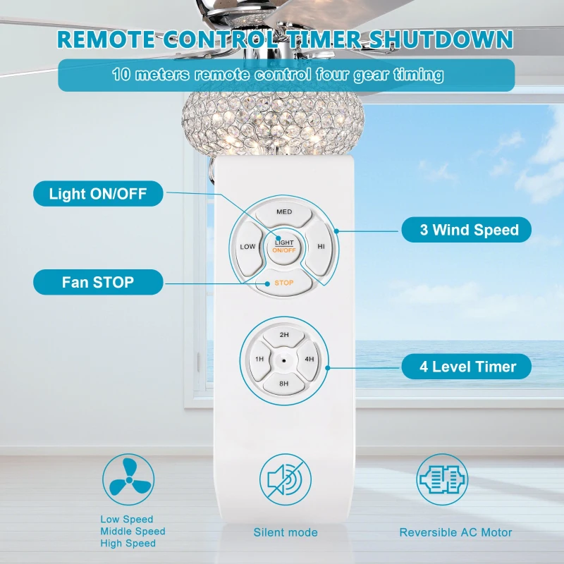 52" Crystal Ceiling Fan with Lights and Remote Control, Reversible Blades, 3 Wind Speeds, for Bedroom, Living, Dining Room, Chrome