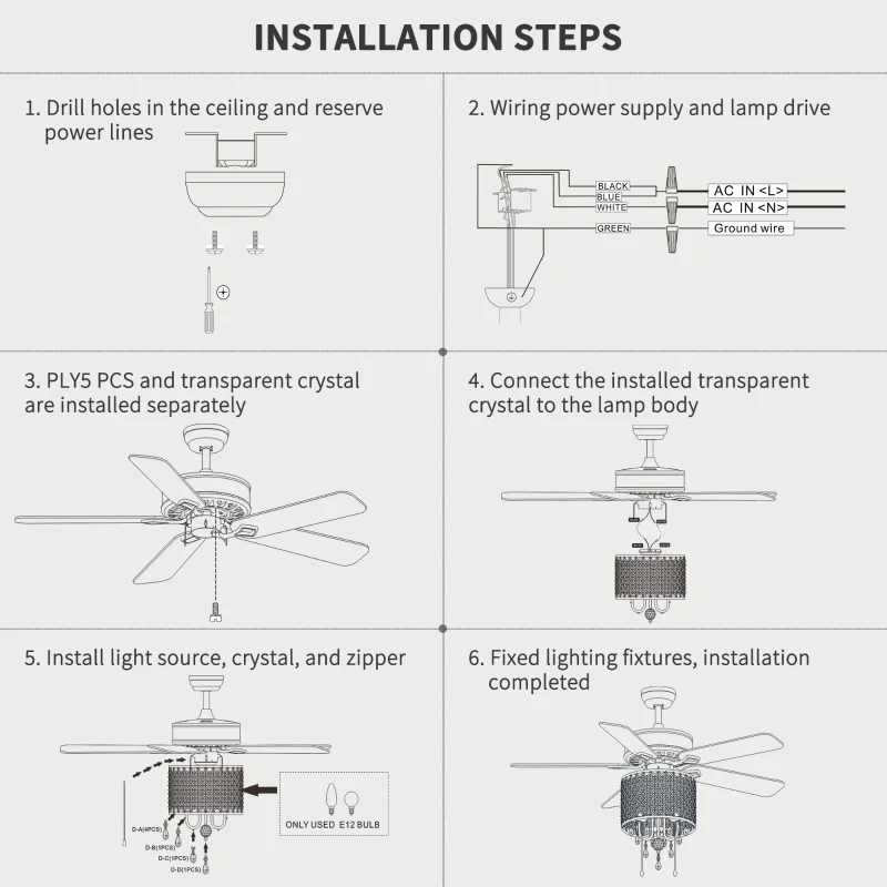 52'' Classical Crystal Ceiling Fan Lamp with 3-Speed, 5 Reversible Blades, Dual Mount Compatible, Quiet Reversible Motor, Flush Mount Ceiling Fan, Rustic Brown