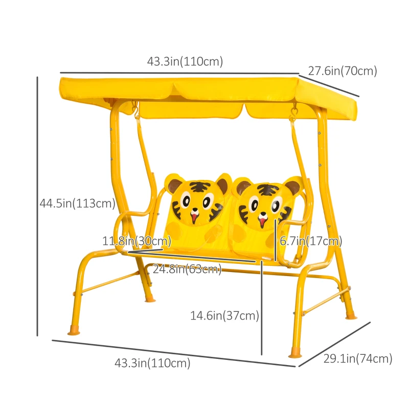 Outsunny 2-Seat Kids Porch Swing Chair, Children Outdoor Patio Furniture Lounge Chair for Garden, with Adjustable Canopy, Seat Belt, Tiger Pattern, for 3-6 Years Old, Yellow
