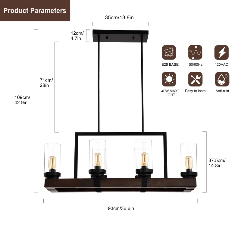 6-Light Classic Vintage Crystal Candle Chandelier Fixture, Adjustable Height, E26 Base, Matte Black/Wood Grain Finish, 36.6"x13.5"x42.9", Matte Black