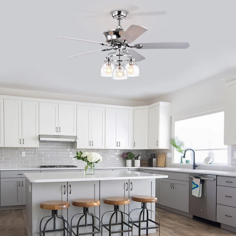 52-Inch Farmhouse Ceiling Fan with Light Kit and Remote, 5-Blade Reversible Motor, Dual Finish Blades, and Adjustable Mount, Chrome