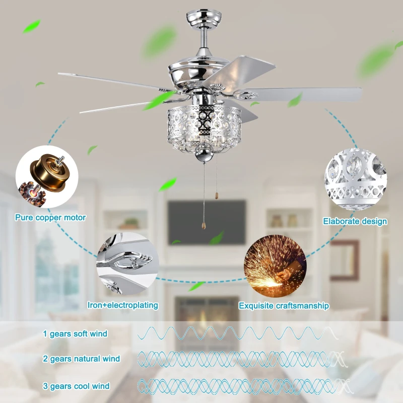 52-Inch Indoor Ceiling Fan with Reversible AC Motor, Pull Chain, Dual Finish Blades, and Dual Mount Compatibility, Chrome