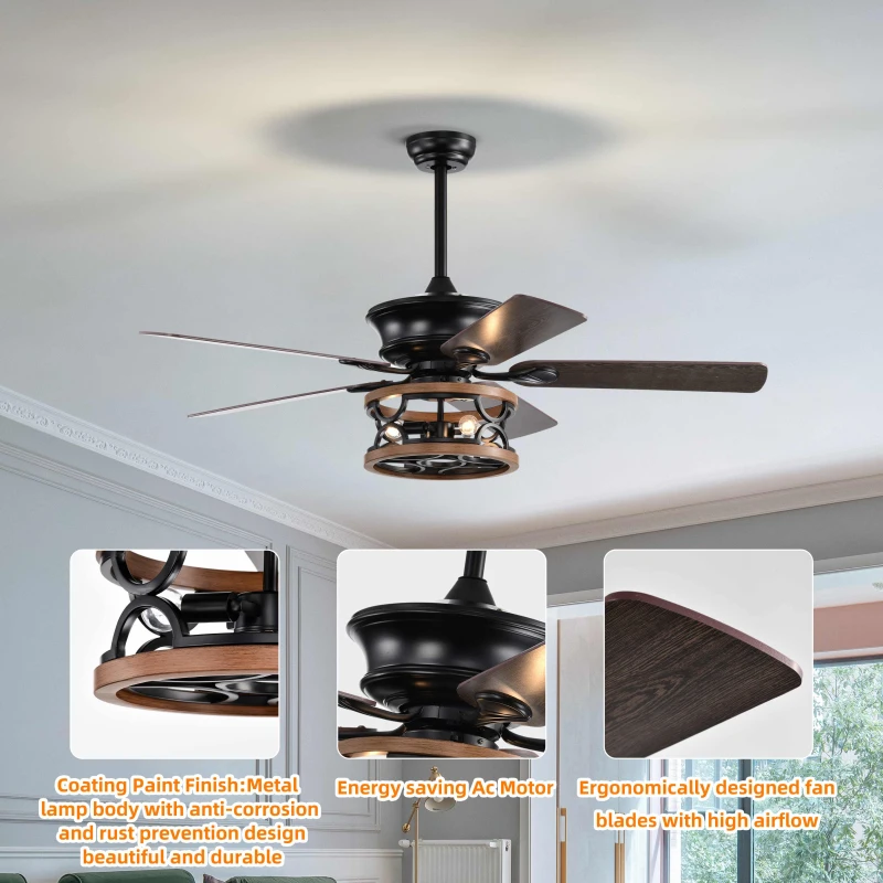 52 Inch Farmhouse Ceiling Fan with Lights and Remote, 3-Speed Reversible Motor, Caged Light Fixture, Intelligent Timing, Quiet Operation, Matt Black