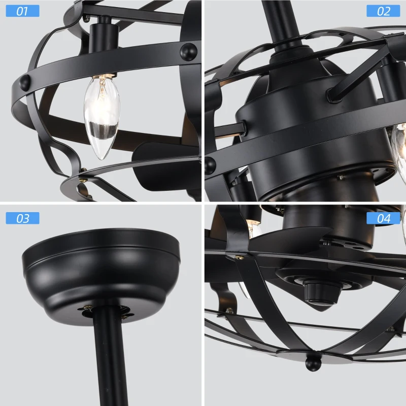 Industrial Bladeless Ceiling Fan with Lights, 18" Caged Design, Reversible Motor, Remote Control, Downrod Mount, E12 Standard Base, Matte Black
