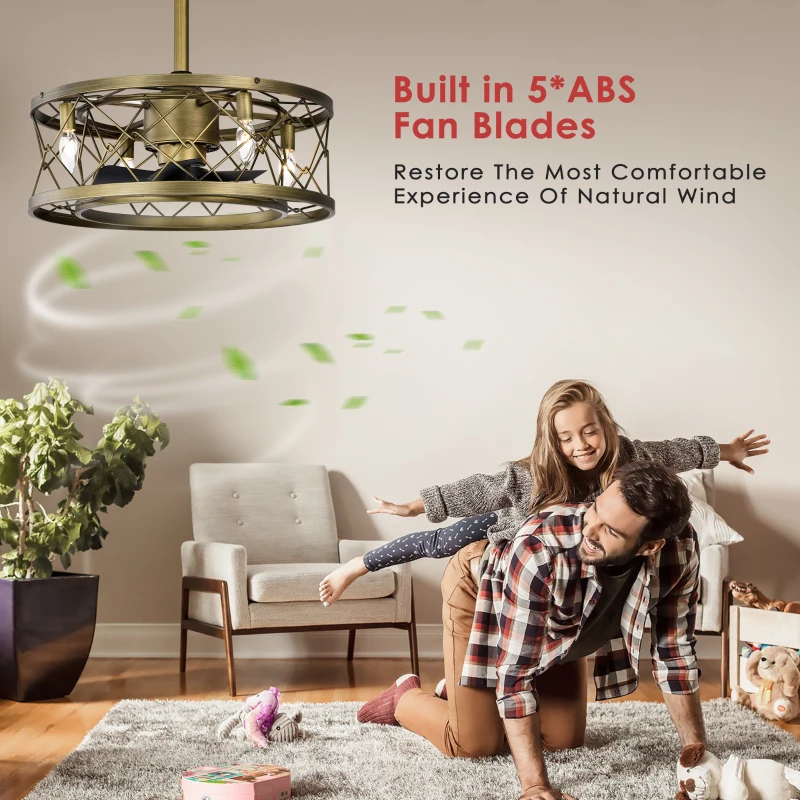 20" Low Profile Enclosed Bladeless Ceiling Fan with Lights, Reversible Motor, Remote Control, and Adjustable Downrod for Bedroom, Antique brown