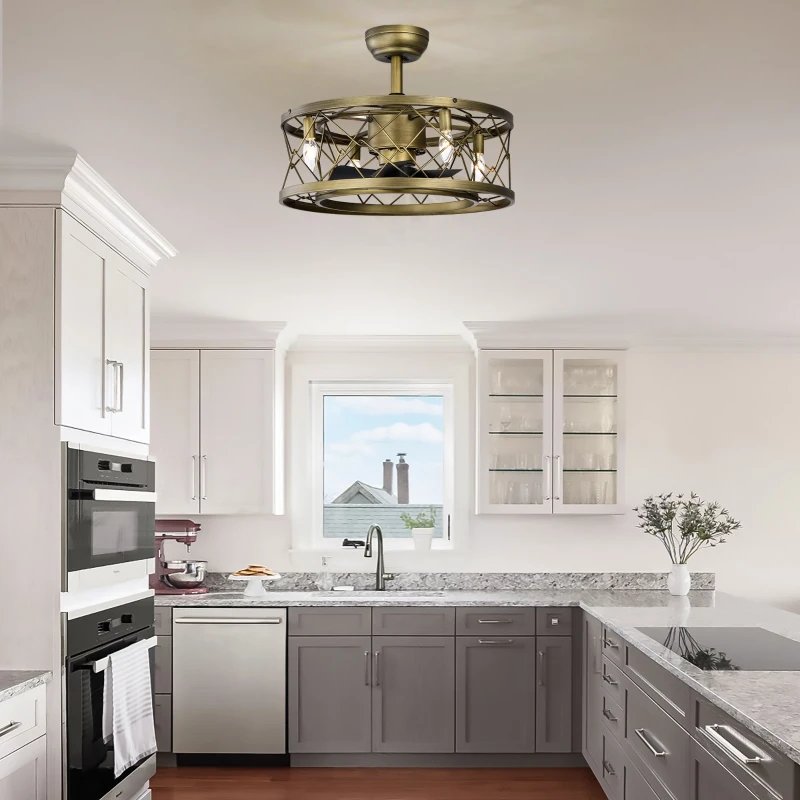 20" Low Profile Enclosed Bladeless Ceiling Fan with Lights, Reversible Motor, Remote Control, and Adjustable Downrod for Bedroom, Antique brown