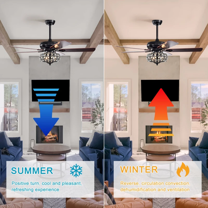 52'' Crystal Shade Ceiling Fan Lamp with Remote Control, 3 Speed, 5 Reversible Blades, Dual Mount Compatible, for Living Room, Dining Room, Bedroom, Matte Black