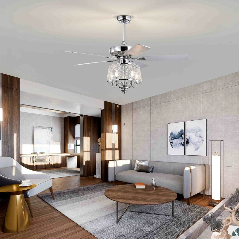 52" Crystal Ceiling Fan with 5 Reversible Wood Blades, Modern Electrical Fan, Noiseless Reversible AC Motor, Remote Control, 4 Bulbs Not Included, Chrome