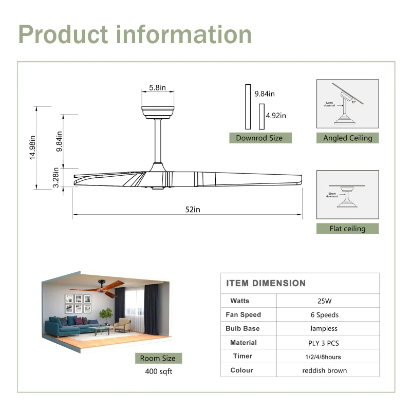 52" Ceiling Fan with Remote Control, Modern Reversible DC Motor, 3 Blades for Indoor/Outdoor Use, Quiet and Energy-Saving, Matte Black