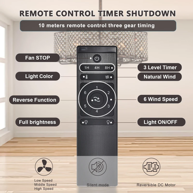 30-Inch Rustic Brown and Crystal Flower Lighted Ceiling Fan with Remote Control, 6 Wind Speeds, Reversible Motor, and Silent Operation for Bedroom, Dining Room, Living Room, Kitchen, Farmhouse, Rustic Brown