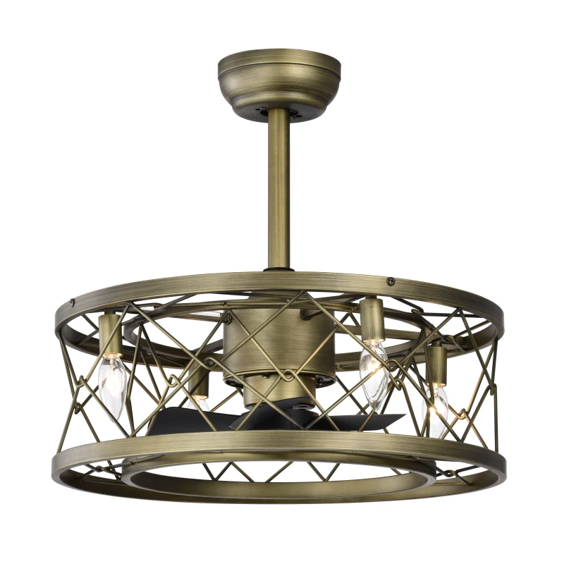 20" Low Profile Enclosed Bladeless Ceiling Fan with Lights, Reversible Motor, Remote Control, and Adjustable Downrod for Bedroom, Antique brown