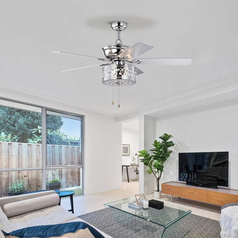 52'' Ceiling Fan with 5 Reversible Blades, Quiet 3-Speed Motor, Dual Mount Compatible, Pull Chain Control, Chrome