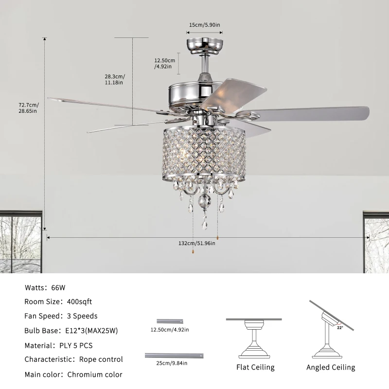 52'' Classical Crystal Ceiling Fan Lamp with 3-Speed Hand Pull Chain, 5 Reversible Blades, Dual Mount Compatible, Quiet Reversible Motor, Chrome