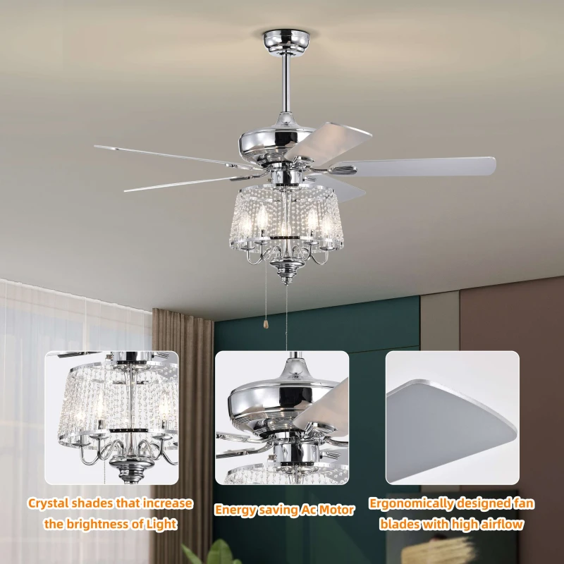 52" Crystal Ceiling Fan with 5 Reversible Wood Blades, Modern Electrical Fan, Noiseless Reversible AC Motor, Remote Control, 4 Bulbs Not Included, Chrome